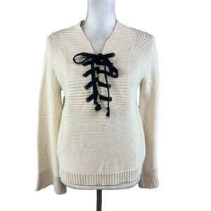 Marled Reunited Clothing Sweater size Small Ivory Navy Lace Up Front Nautical